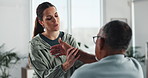 Physiotherapy, arm pain and woman with patient for consulting, medical service and support. Healthcare, physical therapy and person with man for rehabilitation, recovery and stretching for mobility