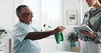Resistance band, physical therapist and old man with tablet, appointment and healing with recovery. Mature patient, pensioner and medical with professional, tech and checkup with app for progress