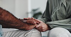 People, support and holding hands in therapy for help, sympathy or kindness. Counseling session, psychology or comfort with psychiatrist for care, trust or empathy with depression diagnosis in clinic