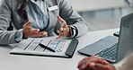 Hands, woman and consultant explaining in office for information, healthcare steps and treatment. Counsellor, talking and feedback for patient, insurance application and list for wellness procedure