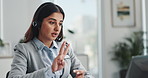Headset, woman and secretary on laptop in office with contact us, appointment setting or schedule. Audio tech, crm and virtual assistant with online call for administrative support in workplace.
