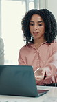 Laptop, discussion and businesswoman in office for research with company budget planning together. Computer, typing and financial analyst with client for investment feedback, forecasting or report.
