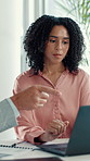 Laptop, meeting and businesswoman in office for research with company budget planning together. Computer, typing and female finance analyst with client for investment feedback, forecasting or report.