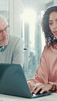 Laptop, meeting and business people in office for research with company budget planning together. Computer, discussion and finance analyst with clients for investment feedback, forecasting or report.