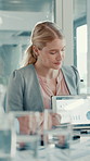Discussion, tablet screen and businesswoman in office with statistics, graphs or charts for finance. Technology, presentation and female financial analyst with data for company investment planning.