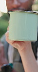 Hiking, hands and friends in nature with drink for outdoor adventure, trekking and fitness in fresh air. Travel, weekend and closeup of people on break in forest for bonding, relax and talking
