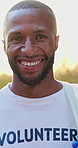 Happy face, black man and volunteer with recycling bag for climate change or cleaning service. Portrait, male person or community worker with smile for eco frendly environment or earth day project