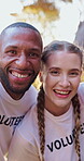 People, students and smile with selfie for volunteer with outdoor, community work and earth day event. Face, charity support and social media post for recycling, university break and sunset portrait