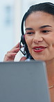 Call center, businesswoman and laptop with headset for consulting, advice and assistance with faq. Office, female person and consultant with technology for customer service, support and communication