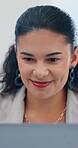 Business, woman and happy with laptop in office for financial performance, investment or good news. Finance manager, technology or reading company revenue report with sales growth or funding approval