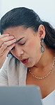 Business woman, laptop or headache with stress for pain, mental health or pressure at office. Frustrated, female person or employee with computer, migraine or anxiety for overworked or eye strain