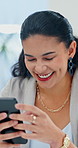 Office, businesswoman and laughing with smartphone for chat, online dating and funny text on break. Workplace, female person and consultant with mobile for joke application, message and social media