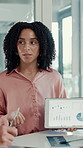 Presentation, tablet screen and businesswoman in office with graphs, statistics or charts for finance. Technology, meeting and female financial analyst with data for company investment planning.