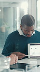 Presentation, tablet screen and businessman in office with data, graphs or charts for finance. Technology, meeting and male financial analyst with statistics for company investment planning.