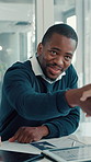 Black man, meeting or handshake in job interview with smile or manager for opportunity or hiring. Shaking hands, contract or employer greeting candidate for company employment or recruitment process