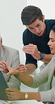 Advice, partnership and laptop with people in meeting for reading, support and marketing campaign. Teamwork, engagement metric and target audience with employees in office for branding project