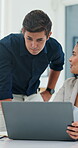 Research, partnership and laptop with people in meeting for reading, support and marketing campaign. Teamwork, engagement metric and target audience with employees in office for branding project