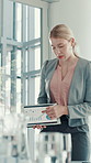 Meeting, tablet screen and businesswoman in office for presentation with statistics, graphs or charts. Technology, discussion and female financial analyst with data for company investment planning.