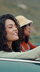 Happy, women and road trip with friends in car for drive, travel adventure and vacation. People, laugh and vehicle for transport journey, sightseeing reunion and bonding together for getaway holiday