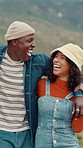 Hug, group and friends with smile, outdoor or happy for summer break on vacation, laughing or gen z. Embrace, people and together on holiday for tourism, reunion and bonding in nature on weekend