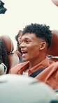 Singing, road trip and friends with man in car for music, spring break vacation and travel. Freedom, adventure and student holiday with group of people in vehicle for song, journey and karaoke