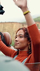 Music, road trip and woman with friends in car for dance, spring break vacation and drive. Travel, adventure and student holiday with group of people in vehicle for song, journey and karaoke