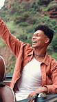 Singing, road trip and friends with man in car for music, spring break vacation and drive. Freedom, adventure and student holiday with group of people in vehicle for song, journey and karaoke