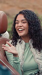 Talking, road trip and friends with woman in car for reunion, spring break vacation and travel. Happiness, adventure and student holiday with group of people in vehicle for social, journey and fun