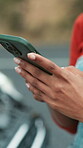 Phone, car and emergency with hands of woman for roadside assistance, risk and typing. Insurance crisis, engine fail and communication with closeup of person for battery, disaster and travel contact