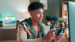 Influencer, microphone and headphones with man in studio for review, tech advice and broadcast. Subscription, live streaming and social media with person in home for hosting platform and podcast