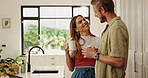 Happy, laptop and couple with coffee in kitchen with celebration for home loan approval. Cheers, computer and man with woman drinking cappuccino together for bonding, connection or marriage in house.