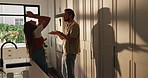 Divorce, conflict and couple with argument in kitchen for toxic marriage, betrayal and blame. Fight, liar and frustrated people with conversation, relationship drama and break up for cheating affair