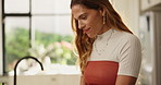 Remote work from home, laptop and woman in kitchen, connection and email for proposal. Person, copywriting and journalist with computer, editing and research for article or feedback for news report