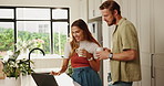 Toast, laptop and couple with coffee in kitchen with celebration for home loan approval. Cheers, computer and man with woman drinking cappuccino together for bonding, connection or marriage in house.