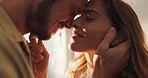 Happy, love and couple in home for connection, quality time and bonding together with marriage. Smile, safety and man with woman for romance in relationship on weekend break with care in house.