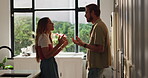 Fight, conflict and couple with argument in home for toxic marriage, doubt and disagreement. Divorce, liar and frustrated people with conversation, relationship drama and dispute for cheating affair