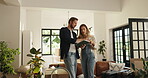 Couple, talk and tablet with boxes at new house for planning, online shopping and renovation ideas. People, discussion and digital for research, interior design and decoration for remodeling choice