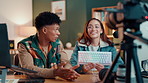 Keyboard, live streaming and social media with influencer people in home studio for broadcast. Recording, tech and video with content creators at desk in apartment for product promotion or review