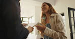Couple, talk and tablet with smile at new house for planning, online shopping and renovation ideas. People, discussion and digital for research, interior design and decoration for remodeling choice
