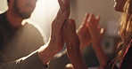 Hands, couple and closeup with romance at house for love, affection and connection of relationship. People, touching and date with partner for special moment, bonding together and marriage commitment