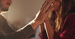 Hands, couple and closeup with love at house for romance, affection and connection of relationship. People, touch and date with partner for special moment, bonding together and marriage commitment