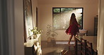 Dance, morning and woman by window with music for freedom, relax and happiness in house. Sunshine, apartment and person in home ready to start day with energy, joy and movement for celebration