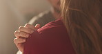 Couple, hands and shoulder with touch for support, love or emotional comfort together at home. Closeup, man and woman with partner, trust or solidation for empathy, understanding or sympathy at house