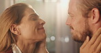 Happy, couple and touch with love at house for romance, affection and connection of relationship. Smile, people and  passion with partner for special moment, bonding together and marriage commitment