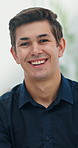 Happy, office and face of business man with confidence, pride and smile for job opportunity. Professional, corporate and portrait of person in workplace for about us, entrepreneurship and ambition