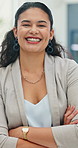 Office, business woman and face with confidence for project opportunity, about us and finance. Career, female person and manager in portrait for financial agency, arms crossed or smile for leadership