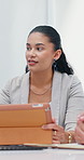 Meeting, corporate and business people in office on tablet for online project, research and planning. Professional, company and women on digital tech for website review, teamwork and collaboration