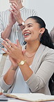 Business woman, meeting and applause for success at seminar, event or conference for training. Employees, team and clapping hands for motivation, support and achievement for cheer and crowd in office