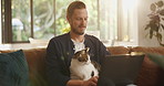 Remote work from home, cat and man on sofa, laptop or problem solving with online editing. Pet owner, freelancer or writer with animal, pc or research for article, creativity or feedback for proposal