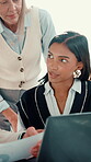 Business, people and talk with document in office for financial team, budget and profit stats. Staff, collaboration and laptop with kpi paperwork for revenue report, funding graphs and finance growth
